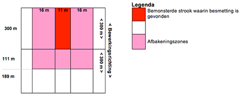 Afbeelding 2: Besmette strook met afbakeningszone. In dit voorbeeld wordt 43 x 411 m besmet verklaard